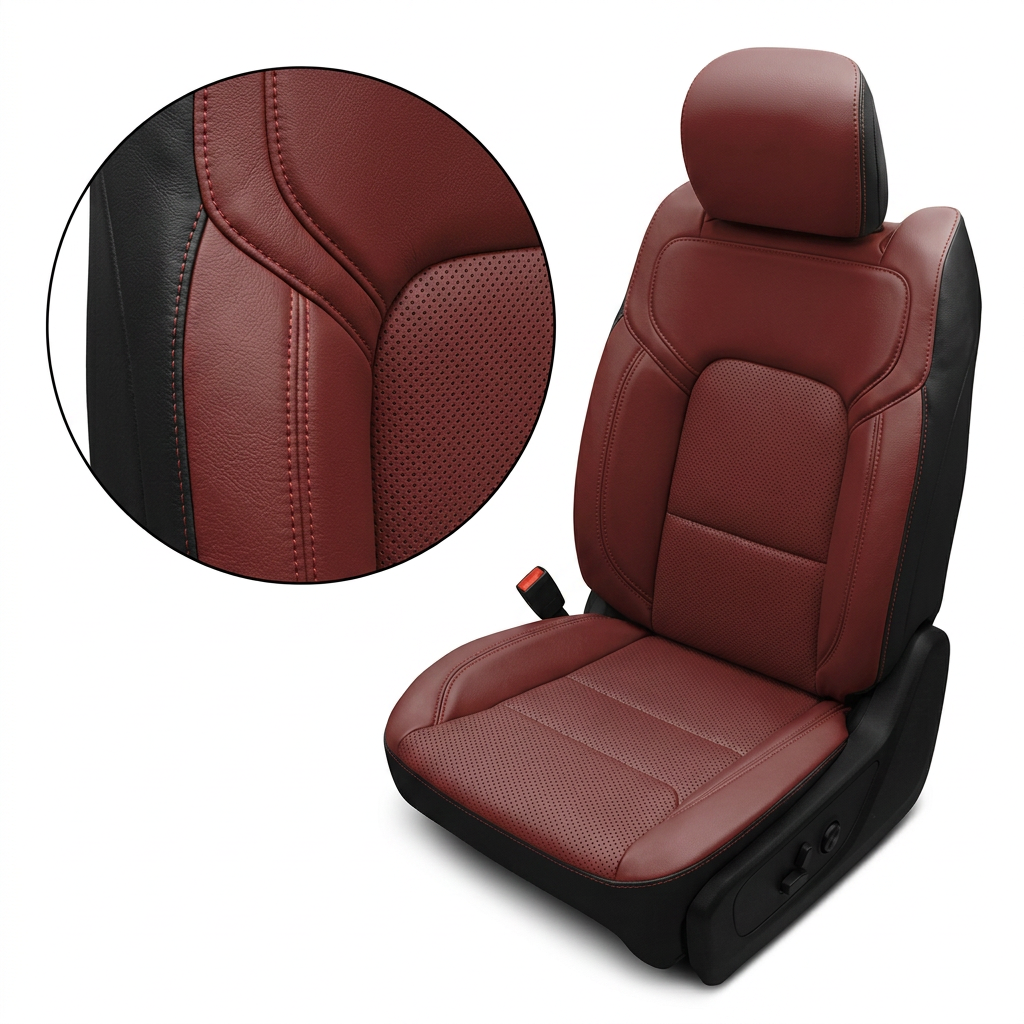  Close-up product image of a 2019–2026 RAM DT 1500 Leatherteck leather seat upholstery kit in black with medium red facing panels, featuring perforated combination center inserts and medium red contrast stitching, shown on a white background with a circular zoom inset highlighting the leather grain, perforation pattern, and stitched seam detail.