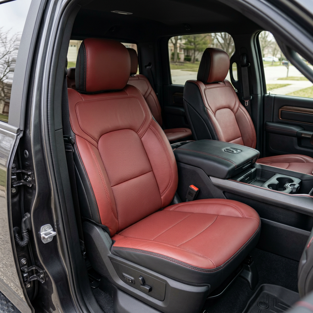Front in-cabin view of a 2019–2026 RAM DT 1500 with an installed Leatherteck leather seat upholstery kit in black with medium red facing panels, perforated combination center inserts, and medium red contrast stitching, shown from the open driver-side door with the front bucket seats, center console/armrest with RAM badge, cupholders, and a glimpse of the rear seating visible.

