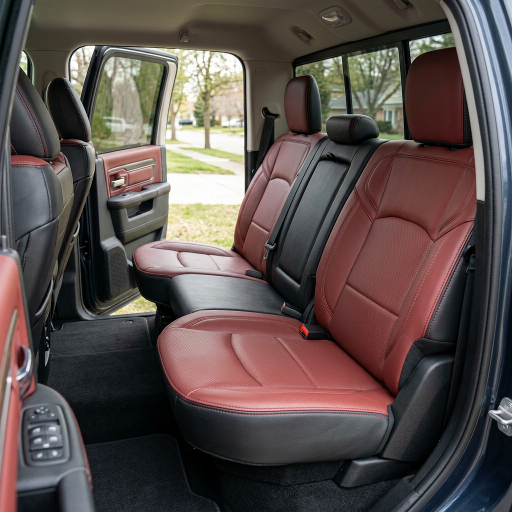 Rear in-cabin view of a 2019–2026 RAM DT 1500 showing the installed Leatherteck leather seat upholstery kit with black bolsters, medium red facing panels, perforated combination inserts, and medium red contrast stitching, featuring the rear bench seat with headrests and seatbelts, viewed through the open rear door with the two-tone door panel and black carpeted floor visible.

