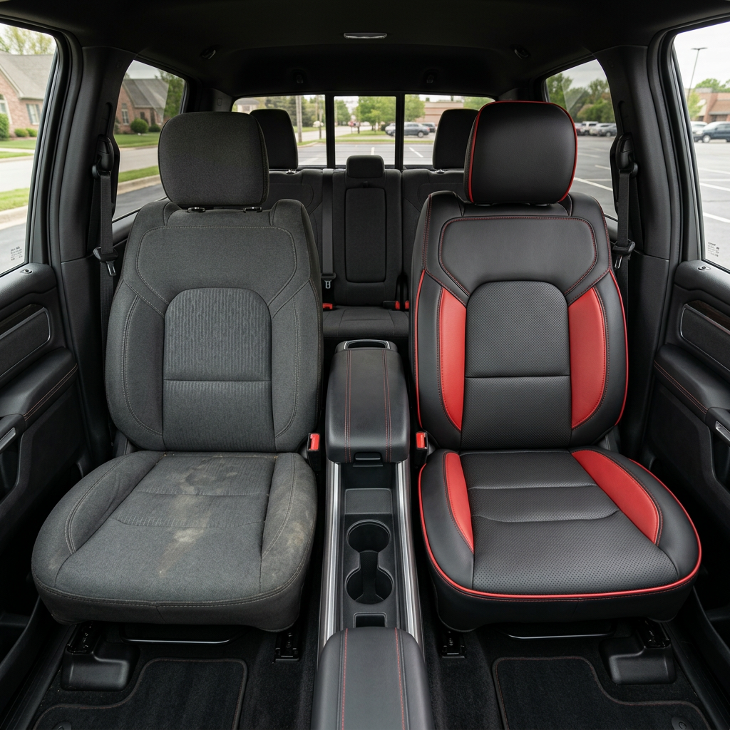 Before-and-after front in-cabin view of a 2019–2026 RAM DT 1500 split side-by-side: the left front seat shows factory gray cloth upholstery, while the right front seat shows the upgraded Leatherteck leather kit in black with perforated combination inserts, red accent panels, red contrast stitching, and red edge piping, with the center console/cupholders and rear bench seat visible in the background.