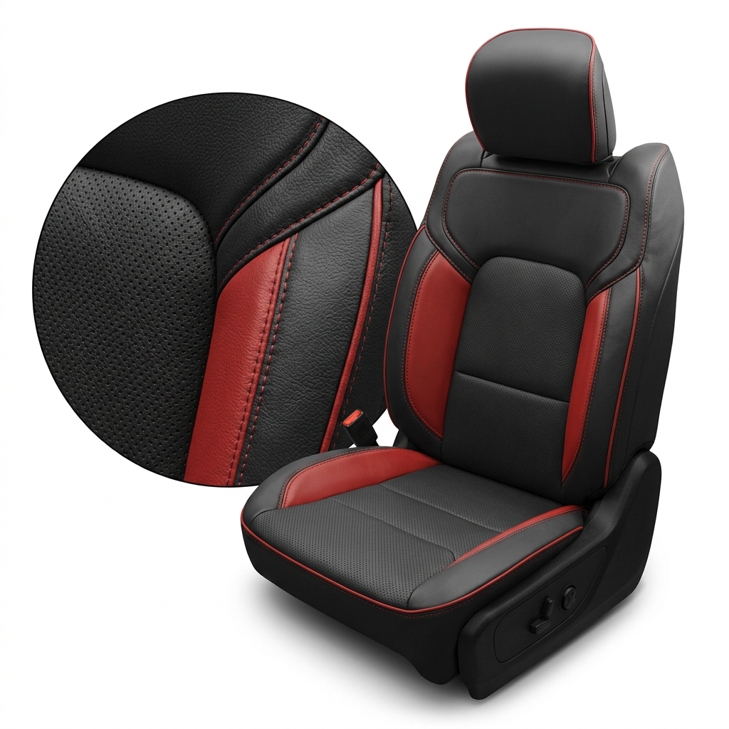  Close-up product image of a 2019–2026 RAM DT 1500 Leatherteck leather seat upholstery kit in black with perforated combination center inserts, red accent panels, red contrast stitching, and red edge piping, shown on a white background with a circular zoom inset highlighting the perforation pattern, leather grain, and red-stitched seam/piping detail.

