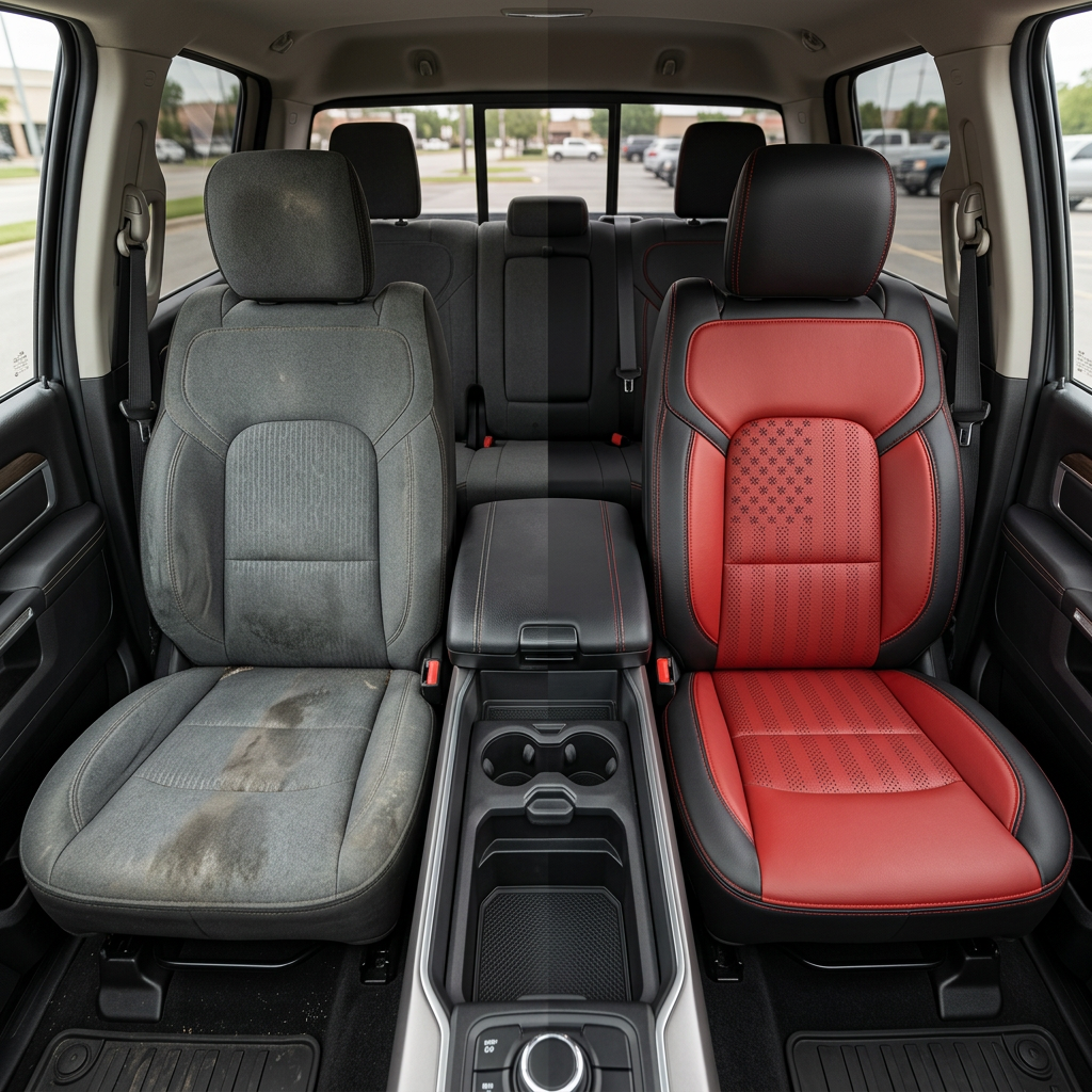  Before-and-after front in-cabin view of a 2019–2026 RAM DT 1500 split down the middle: left shows the factory gray cloth front seat, while right shows the upgraded Leatherteck leather upholstery in black with red body inserts, red accent panels, red contrast stitching, and perforated US flag–style pattern center inserts, with the center console/cupholders and rear bench seat visible in the background.
