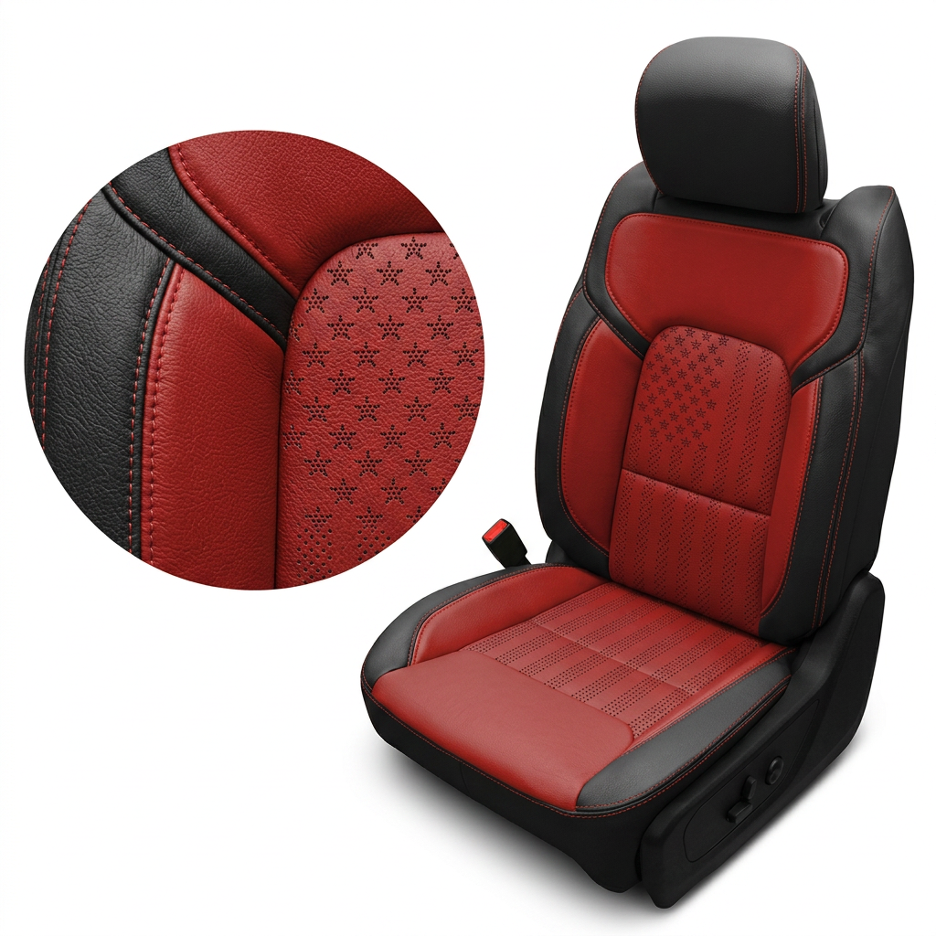 Close-up product image of a 2019–2026 RAM DT 1500 Leatherteck leather seat upholstery kit in black with red body inserts, featuring red accent panels, red contrast stitching, and perforated US flag–style pattern center inserts, shown on a white background with a circular zoom inset highlighting the leather grain, perforation pattern, and stitched seam detail.