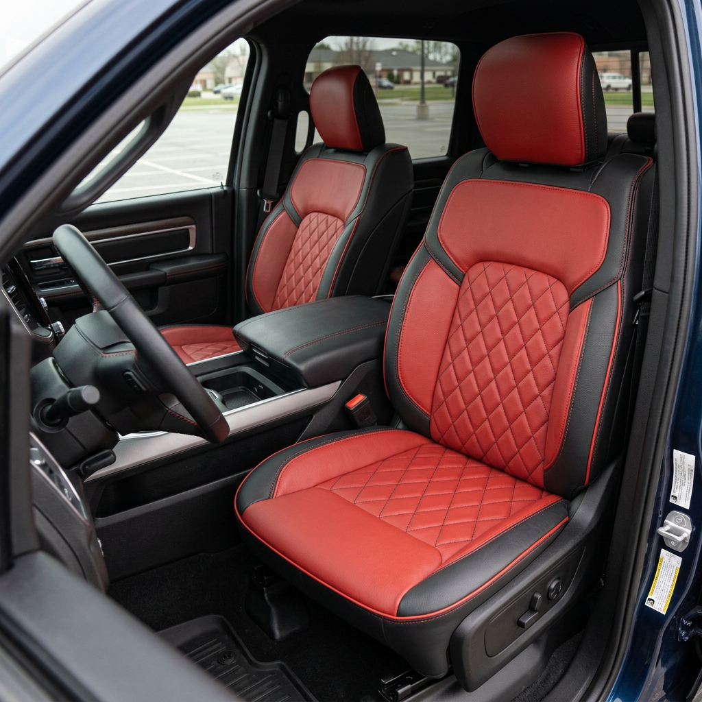 Front in-cabin view of a 2019–2026 RAM DT 1500 with Leatherteck leather seat upholstery installed in black with red center inserts and a matching red headrest face, featuring red accent panels, black diamond-stitched center inserts, red contrast stitching, and red edge piping, photographed from the open driver-side door with the front bucket seats, center console/armrest, and steering wheel visible.