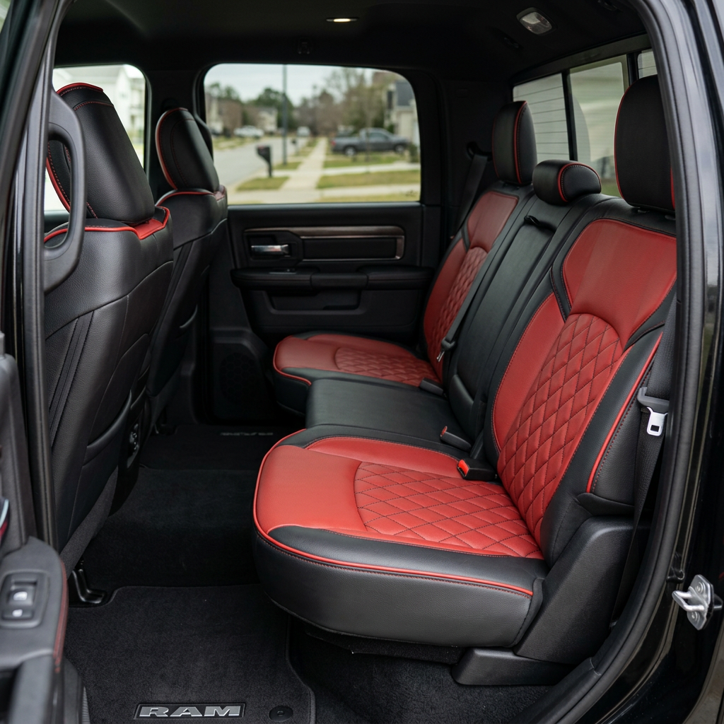 Rear in-cabin view of a 2019–2026 RAM DT 1500 with Leatherteck leather seat upholstery installed in black with red center inserts, featuring black diamond-stitched insert panels, red accent sections, red contrast stitching, and red edge piping, shown through the open rear door with the rear bench seat, headrests, seatbelts, rear door panel, and front seatbacks visible.