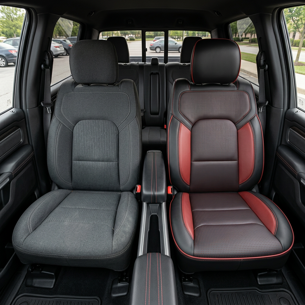 Before-and-after front in-cabin view of a 2019–2026 RAM DT 1500 split by seats: the left front seat shows factory gray cloth upholstery, while the right front seat shows the upgraded Leatherteck leather kit in black with square-perforated red body inserts, medium red accent panels, medium red contrast stitching, and medium red edge piping, with the center console and rear bench seat visible behind.
