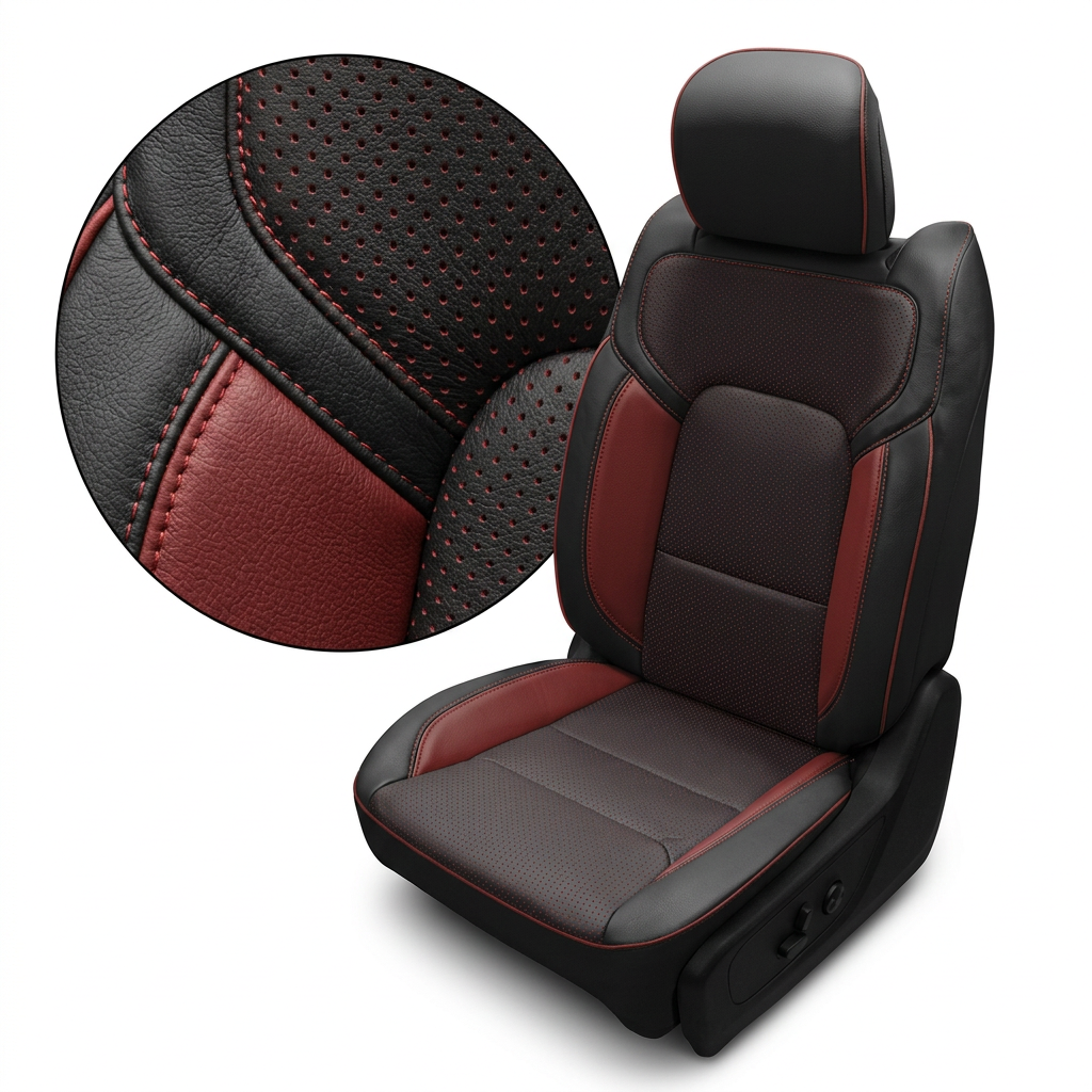  Close-up product image of a 2019–2026 RAM DT 1500 Leatherteck leather seat upholstery kit in black with square-perforated red body inserts, medium red accent panels, medium red contrast stitching, and medium red edge piping, shown on a white background with a circular zoom inset highlighting the leather grain, perforation pattern, and stitched seam/piping detail.