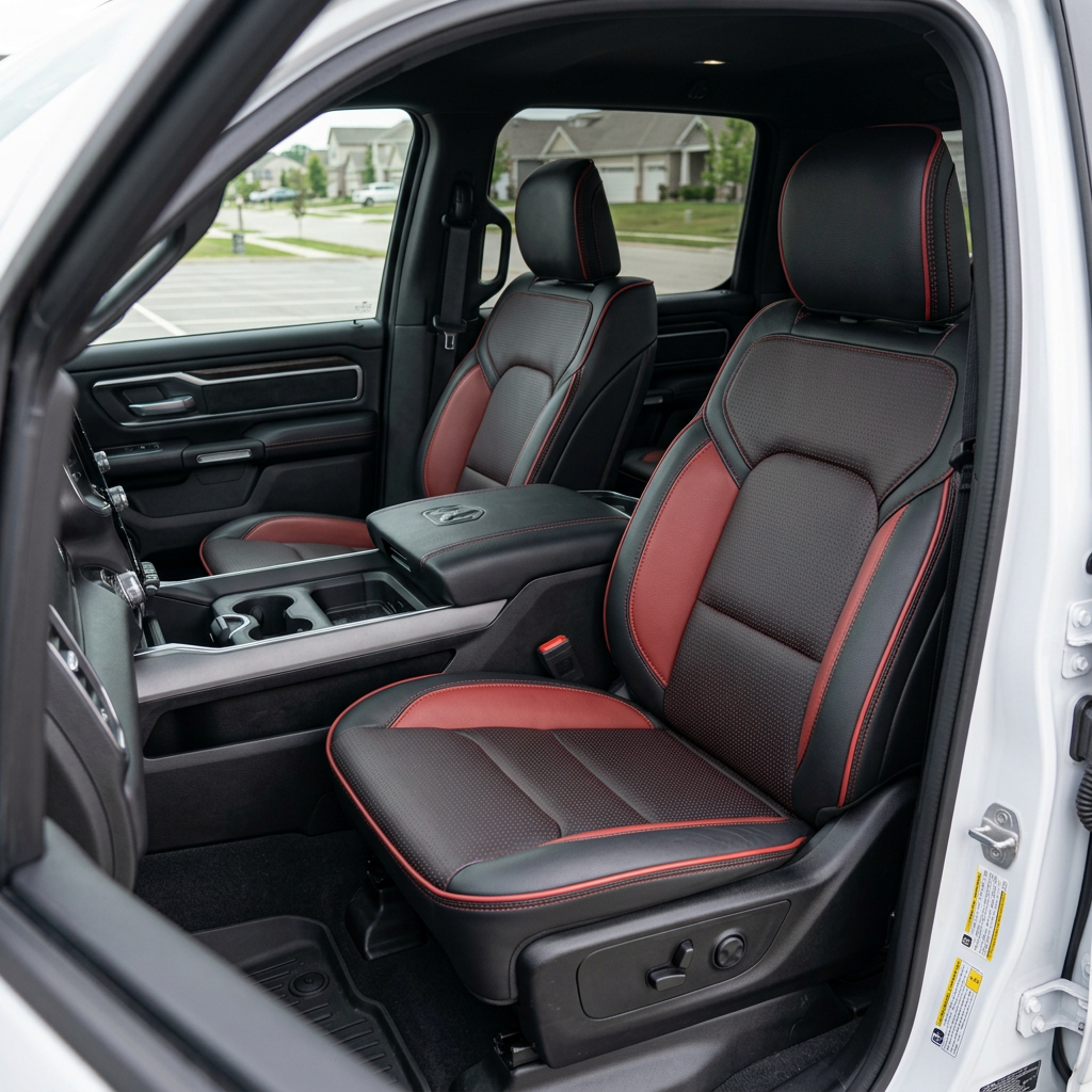  Front in-cabin view of a 2019–2026 RAM DT 1500 with an installed Leatherteck leather seat upholstery kit in black featuring square-perforated red body inserts, medium red accent panels, medium red contrast stitching, and medium red edge piping, photographed from the open driver-side door showing the driver and passenger bucket seats, headrests, and the center console/armrest with cupholders.

