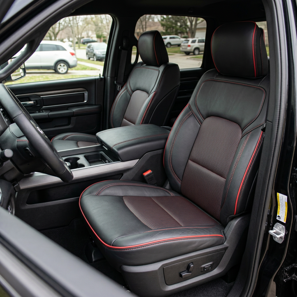  Front in-cabin view of a 2019–2026 RAM DT 1500 featuring an installed Leatherteck leather seat upholstery kit in black with square-perforated red center inserts and matching headrest face, finished with red contrast stitching and red edge piping, shown from the open driver-side door with the front bucket seats, center console/armrest, cupholders, and steering wheel visible.