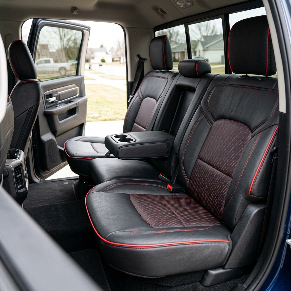Rear in-cabin view of a 2019–2026 RAM DT 1500 with Leatherteck leather seat upholstery installed in black with square-perforated red center inserts and a matching red headrest face, finished with red contrast stitching and red edge piping, shown through the open rear door with the rear bench seat, fold-down center armrest with cupholders, headrests, seatbelts, rear door panel, and rear air vents visible.

