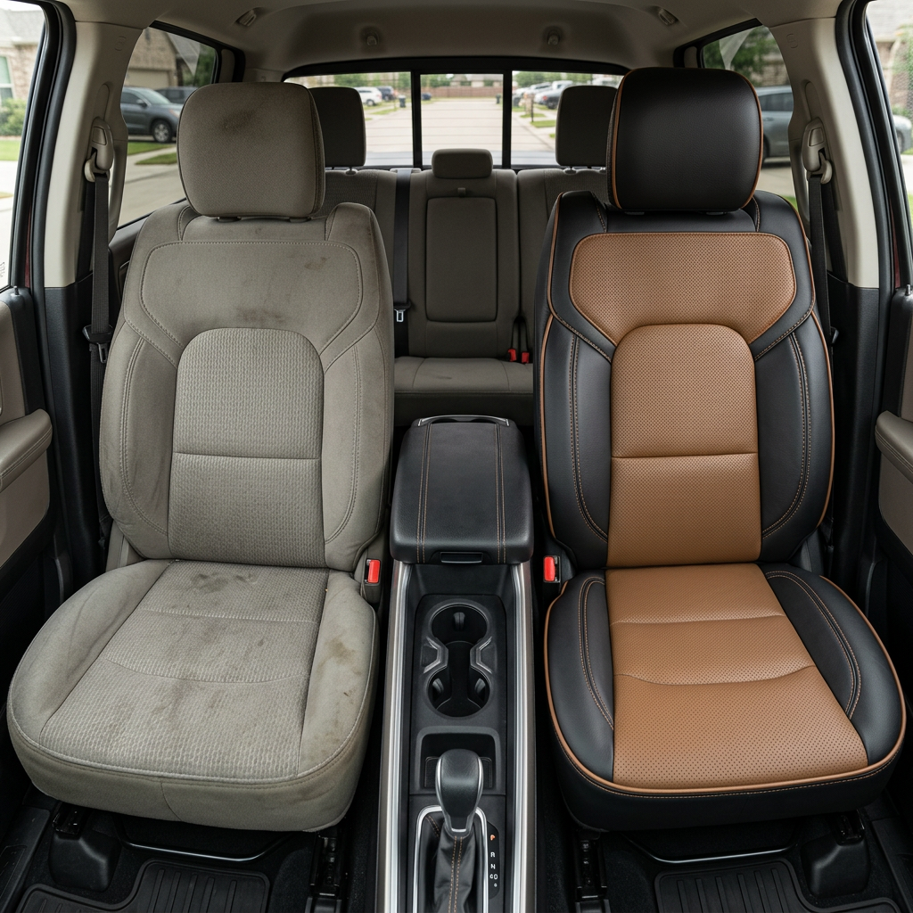  Before-and-after front in-cabin view of a 2019–2026 RAM DT 1500 split down the middle: left shows the factory gray cloth driver seat, while right shows the upgraded Leatherteck leather upholstery in black with teak brown perforated body inserts, teak brown contrast stitching, and teak brown edge piping, with the center console/cupholders, shifter, and rear bench seat visible.

