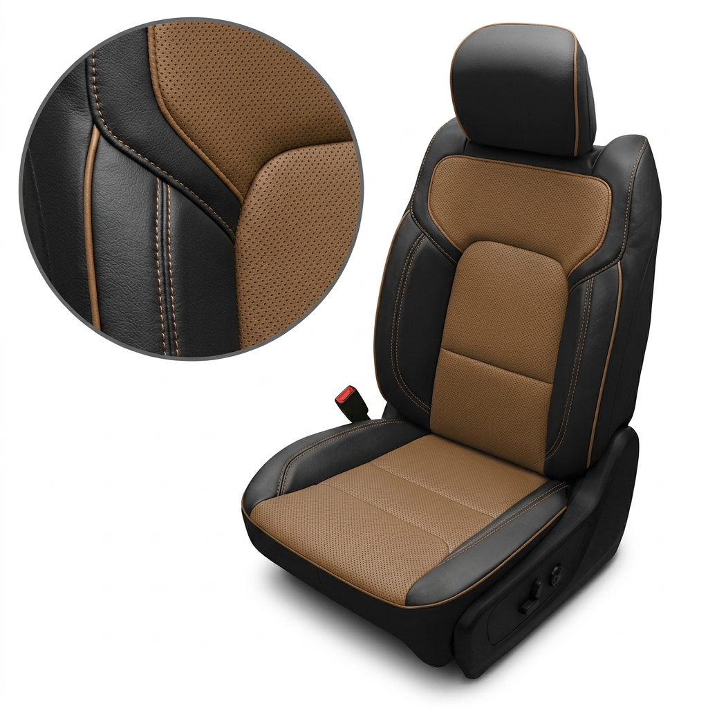 Close-up product image of a 2019–2026 RAM DT 1500 Leatherteck leather seat upholstery kit in black with teak brown perforated body inserts, teak brown contrast stitching, and teak brown edge piping, shown on a white background with a circular zoom inset highlighting the leather grain, perforation pattern, and stitched seam/piping detail.