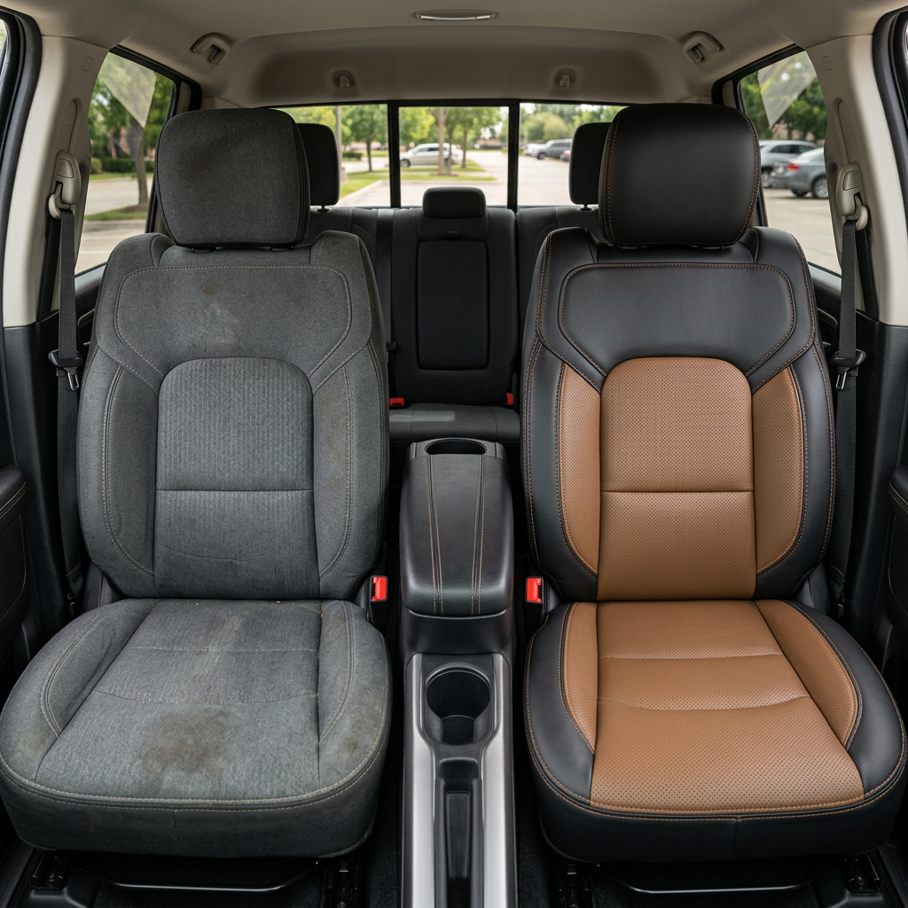  Before-and-after front in-cabin view of a 2019–2026 RAM DT 1500 split down the middle: the left shows the factory gray cloth driver seat, while the right shows the upgraded Leatherteck upholstery in black with teak brown perforated combination inserts, teak brown perforated accent panels, and teak brown contrast stitching, with the center console/cupholders and rear seat visible in the background.