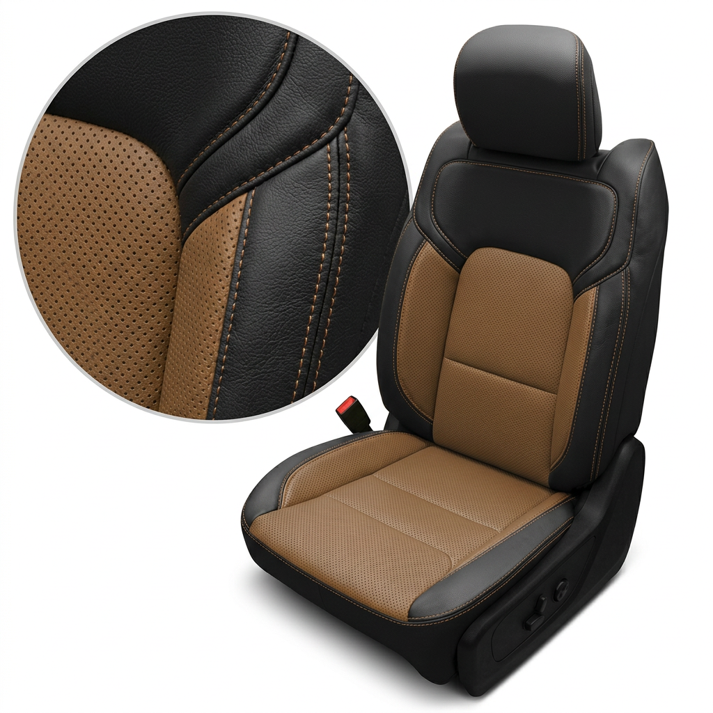 Close-up product image of a 2019–2026 RAM DT 1500 Leatherteck leather seat upholstery kit in black with teak brown perforated combination inserts and teak brown perforated accent panels, finished with teak brown contrast stitching, shown on a white background with a circular zoom inset highlighting the perforation pattern, leather grain, and double-stitched seam detail.

