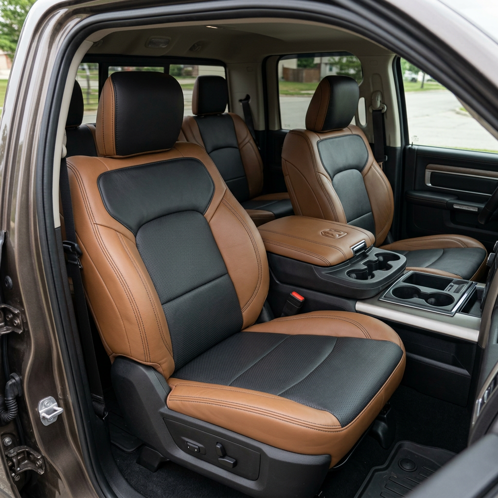 Front in-cabin view of a 2019–2026 RAM DT 1500 with Leatherteck leather seat upholstery installed in teak brown featuring black center inserts and a matching black headrest face, perforated combination inserts, and black contrast stitching, photographed from the open driver-side door with the front bucket seats, center console/armrest, and cupholders visible.

