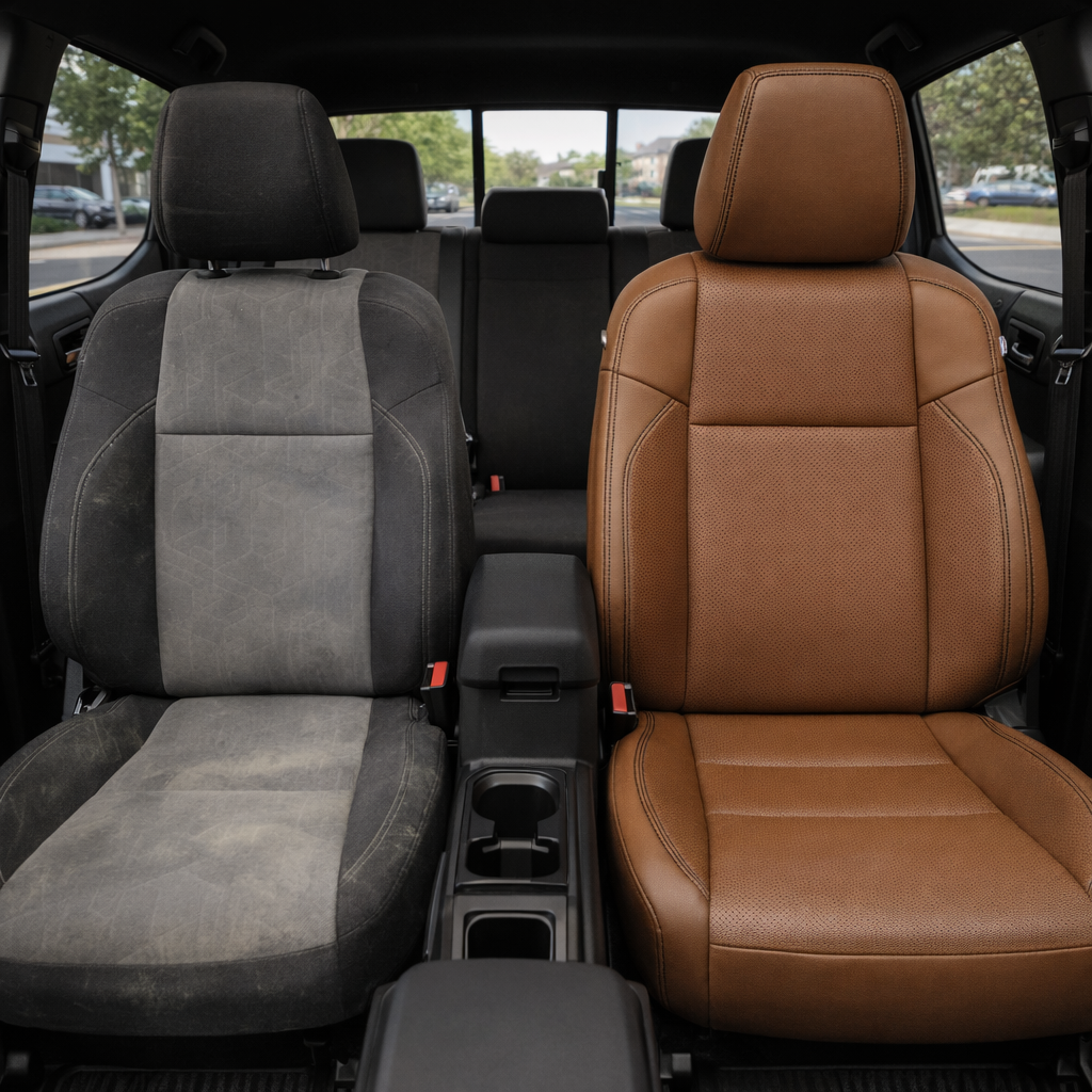Before-and-after front in-cabin view of a 2020–2023 Toyota Tacoma split by seats: the left front seat shows the factory gray and black cloth upholstery, while the right front seat shows the upgraded Leatherteck leather upholstery kit in walnut brown with perforated center inserts and black stitching, with the center console, cupholders, rear bench seat, headrests, seatbelts, rear window, and black interior trim visible.