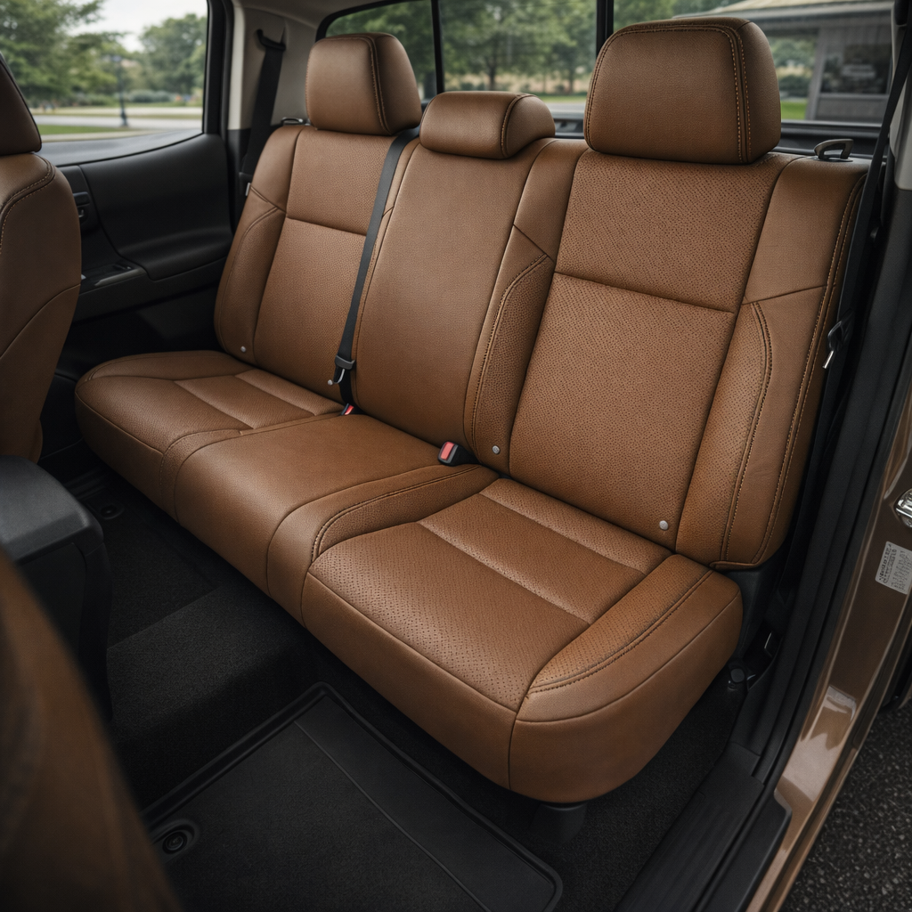Rear in-cabin view of a 2020–2023 Toyota Tacoma with an installed Leatherteck leather upholstery kit in walnut brown featuring perforated center inserts and black stitching, shown through the open rear door with the rear bench seat, three headrests, seatbelts/buckles, front seatback, rear door panel, rear window, and black floor mat visible.