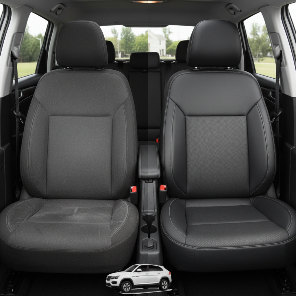 Before-and-after comparison of Volkswagen Atlas front seats, showing original cloth seat upgraded to perforated leather upholstery.
