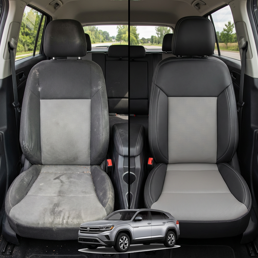 Before-and-after comparison of front seats, showing cloth seat upgraded to perforated leather upholstery.