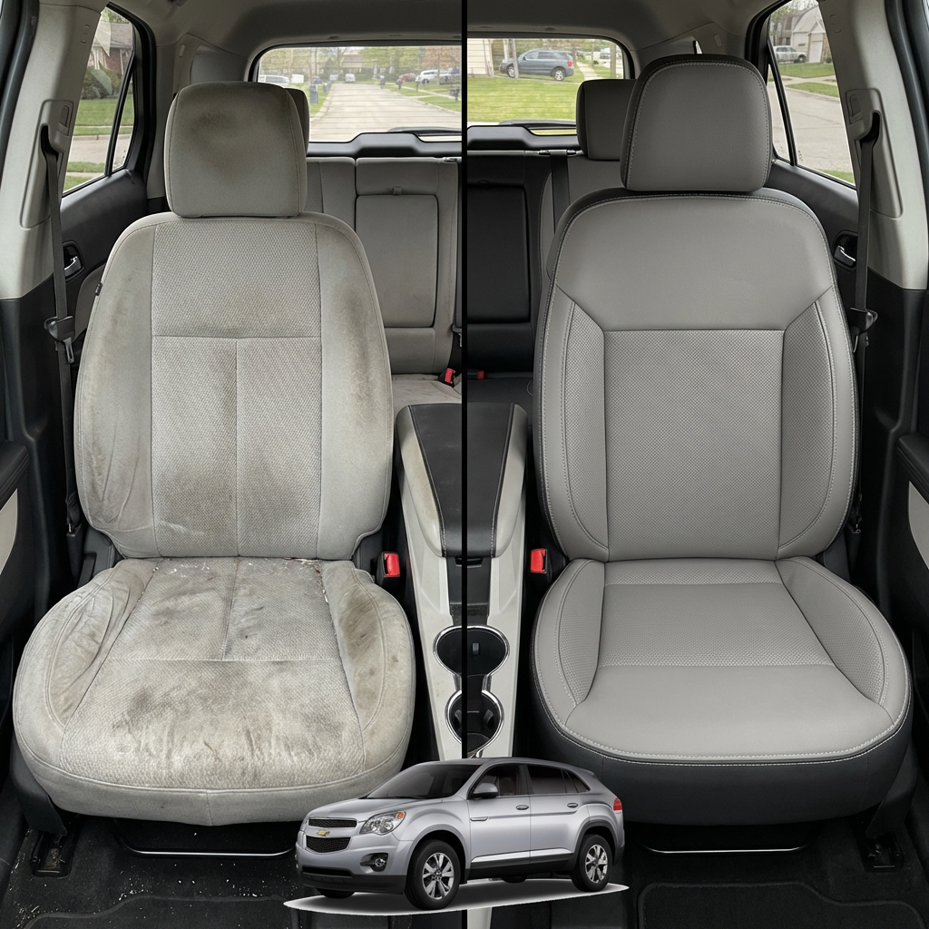 Before-and-after comparison of front seats, showing cloth seat upgraded to perforated leather upholstery.