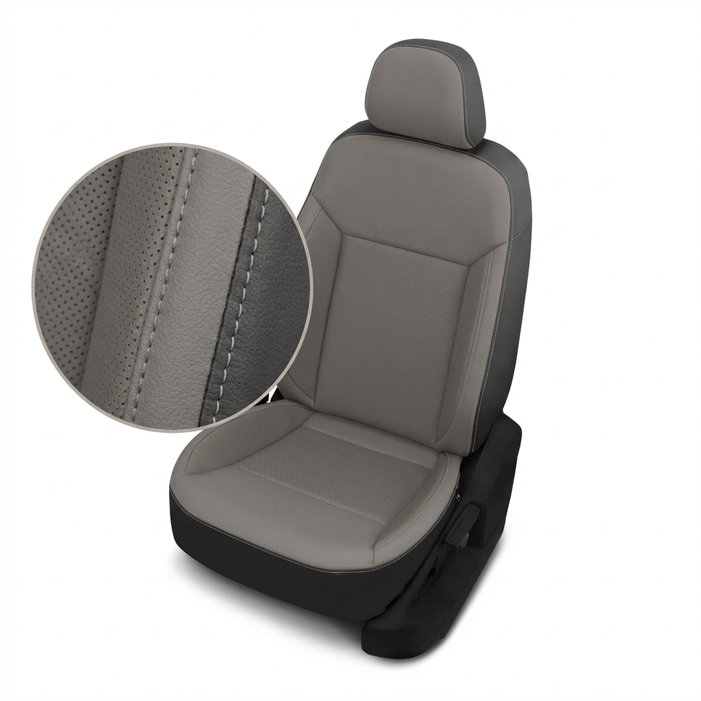 Gray car seat cover with detailed stitching on a white background