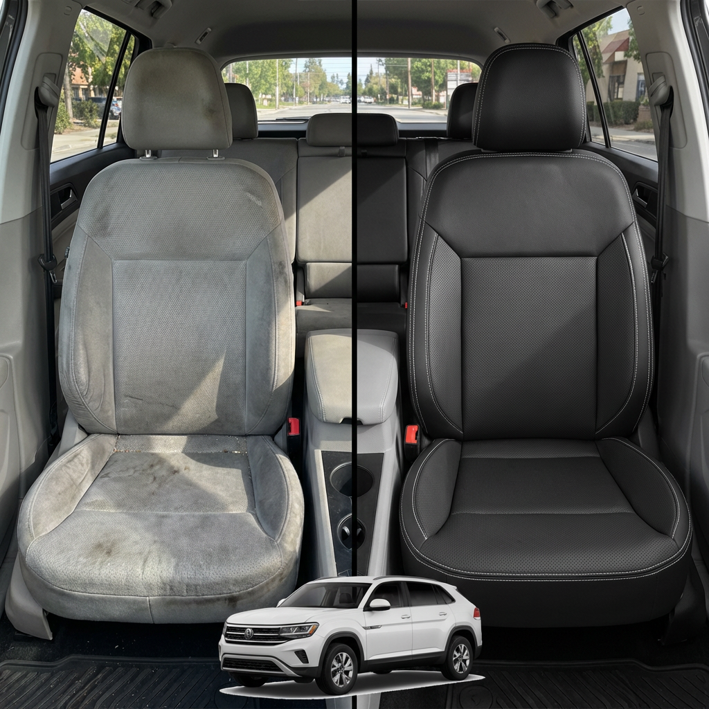 Before-and-after comparison of front seats, showing cloth seat upgraded to perforated leather upholstery.