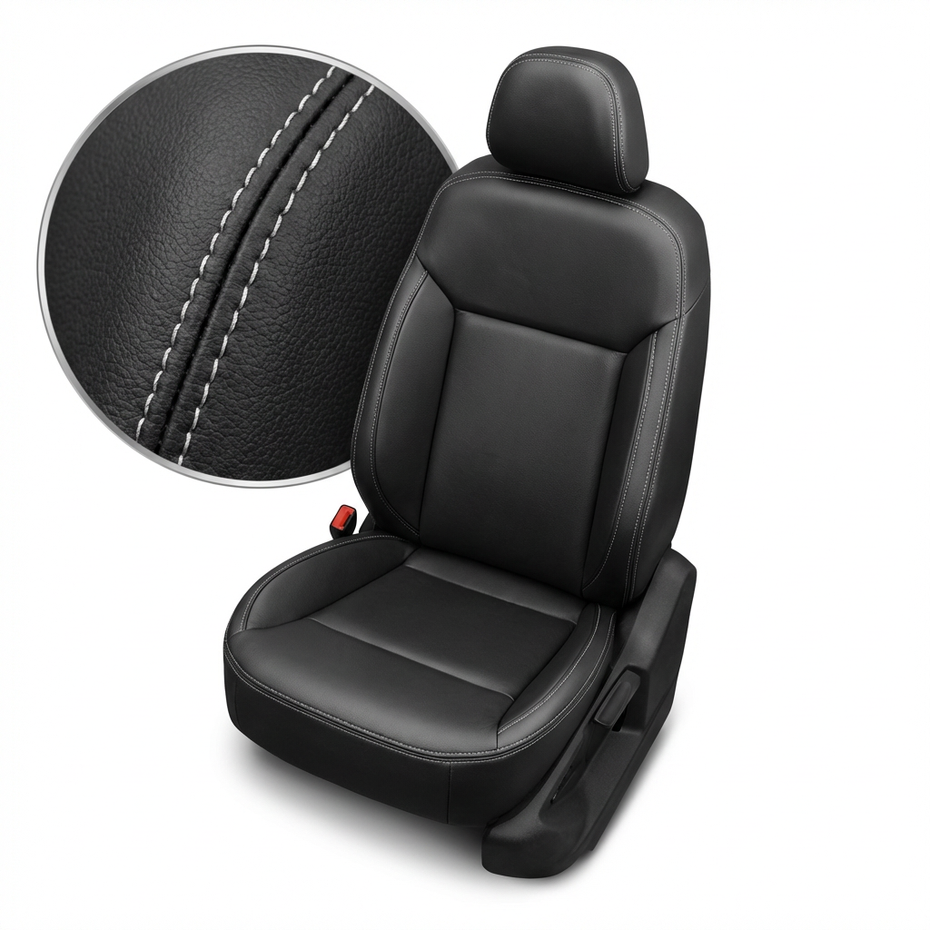 Black leather car seat with close-up of stitching detail on a white background