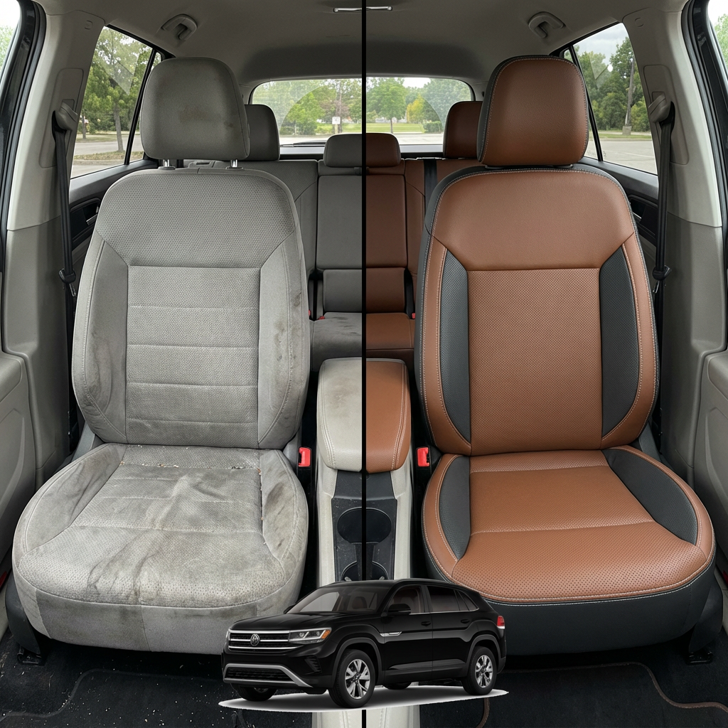 Before-and-after comparison of front seats, showing cloth seat upgraded to perforated leather upholstery.