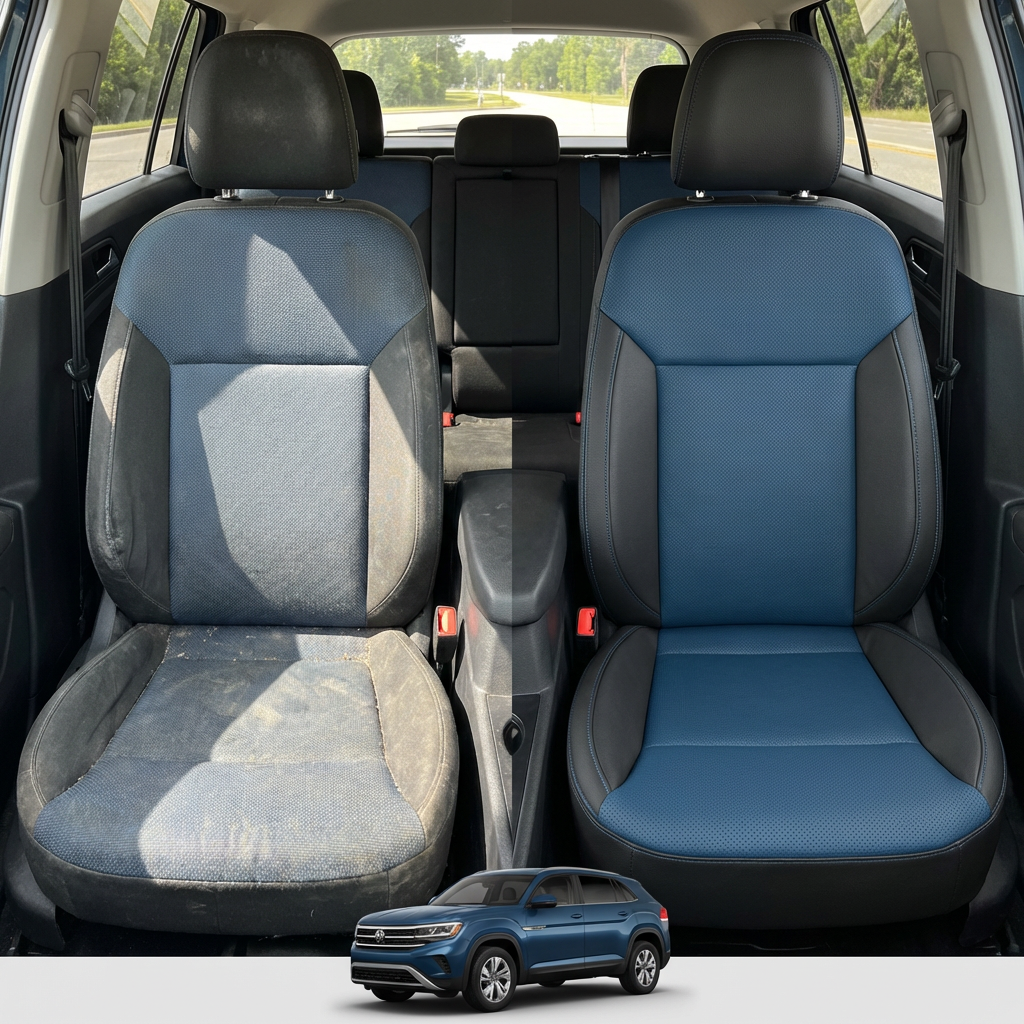 Before-and-after comparison of front seats, showing cloth seat upgraded to perforated leather upholstery.