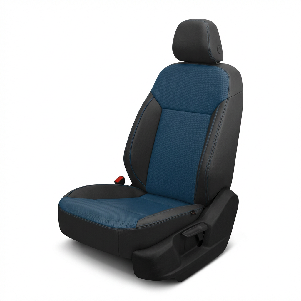Black and blue car seat cover on a white background