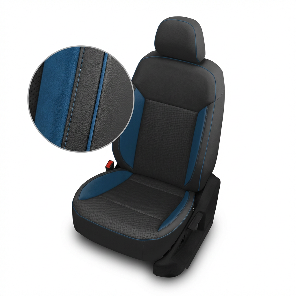 Black and blue car seat cover with close-up detail on a white background