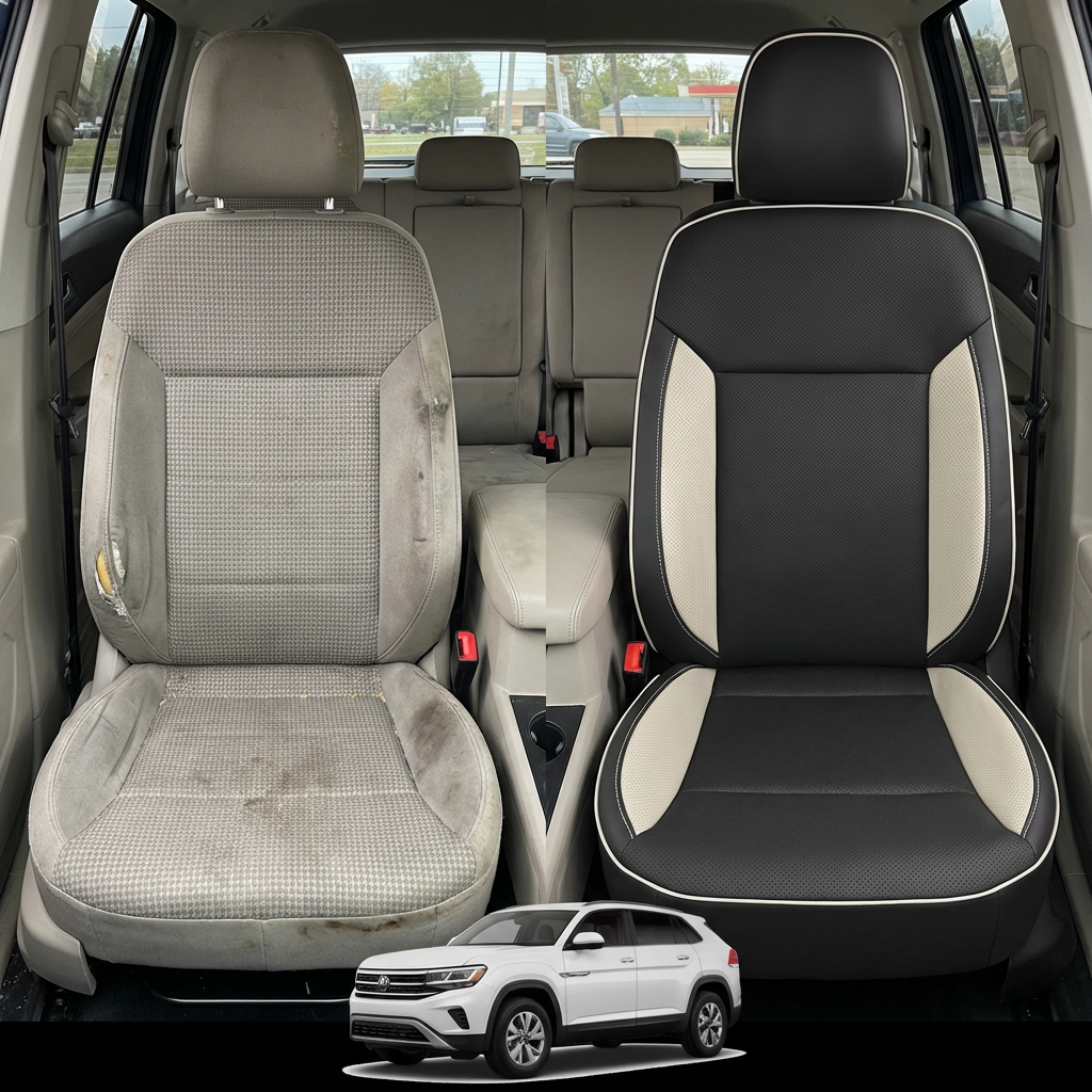 Before-and-after comparison of front seats, showing cloth seat upgraded to perforated leather upholstery.