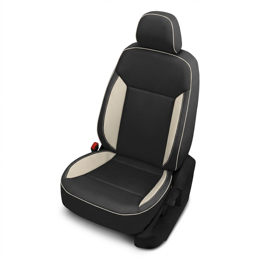 Black and beige car seat cover on a white background