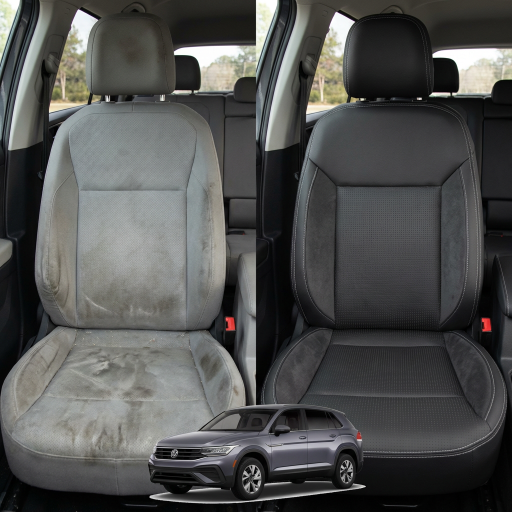 Before-and-after comparison of front seats, showing cloth seat upgraded to perforated leather upholstery.