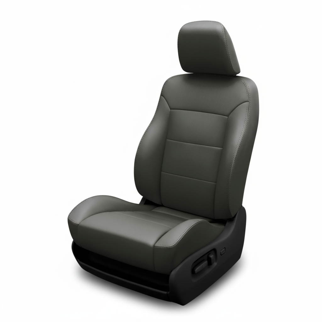 Dark gray leather car seat with smooth panels on a white background.

