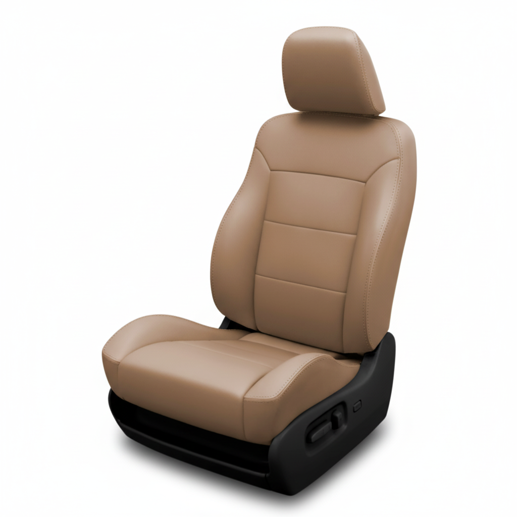 Tan leather car seat with smooth stitched panels on a white background.
