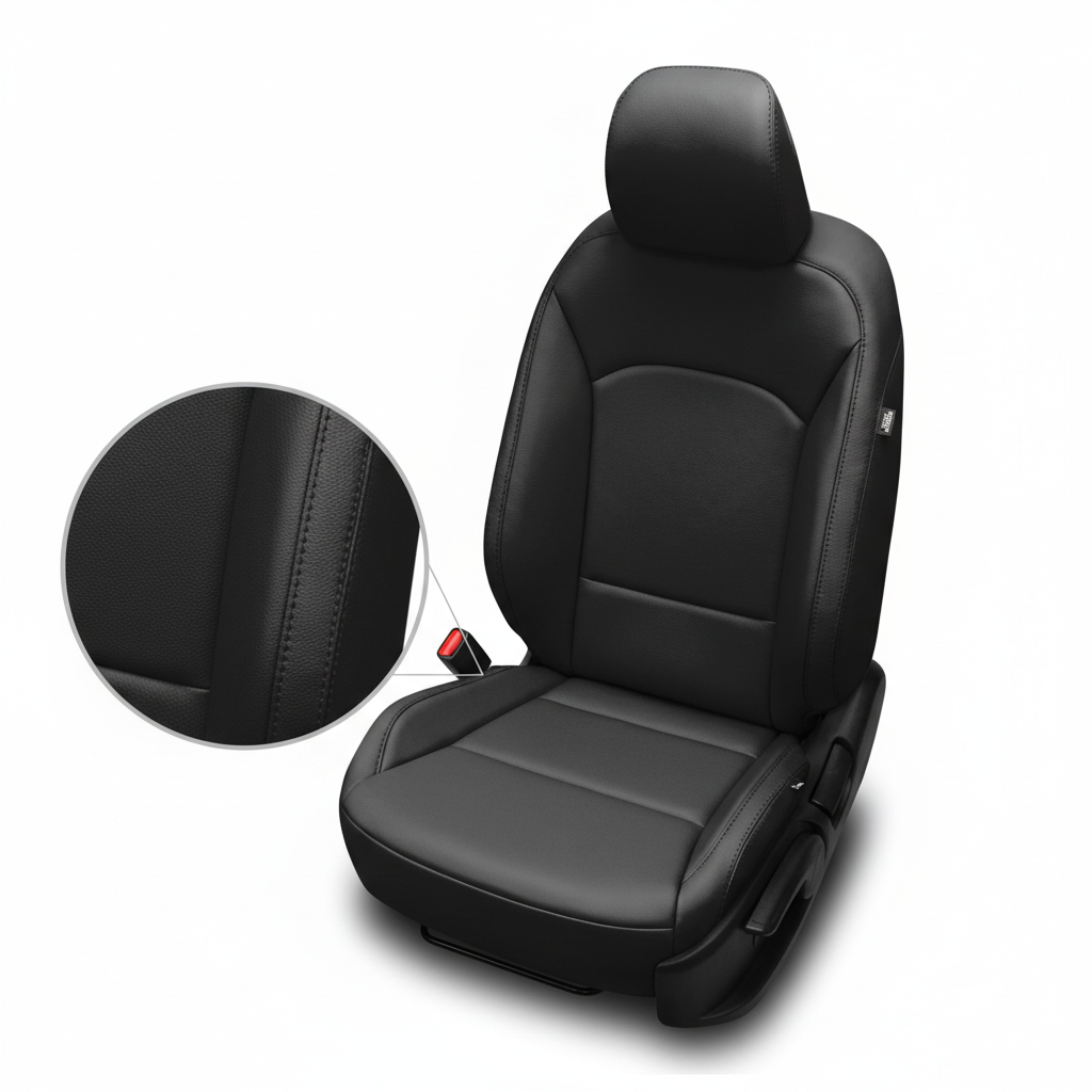 Black car seat cover with detailed stitching on a white background