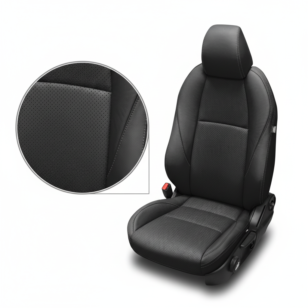 Black car seat cover with detailed texture on a white background