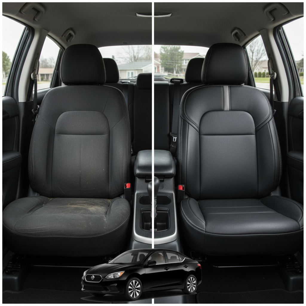 Before-and-after comparison of Nissan Sentra front seats, showing original cloth seat upgraded to perforated leather upholstery.
