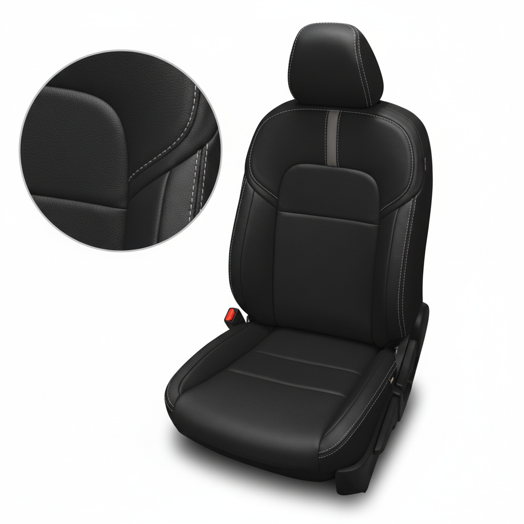 Black car seat cover with detailed stitching on a white background