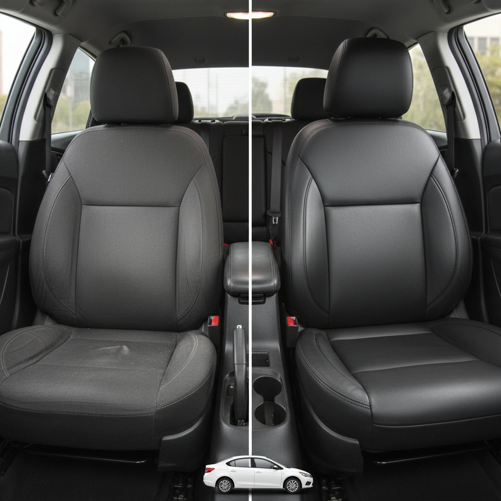 Before-and-after comparison of Nissan Versa front seats, showing original cloth seat upgraded to perforated leather upholstery.

