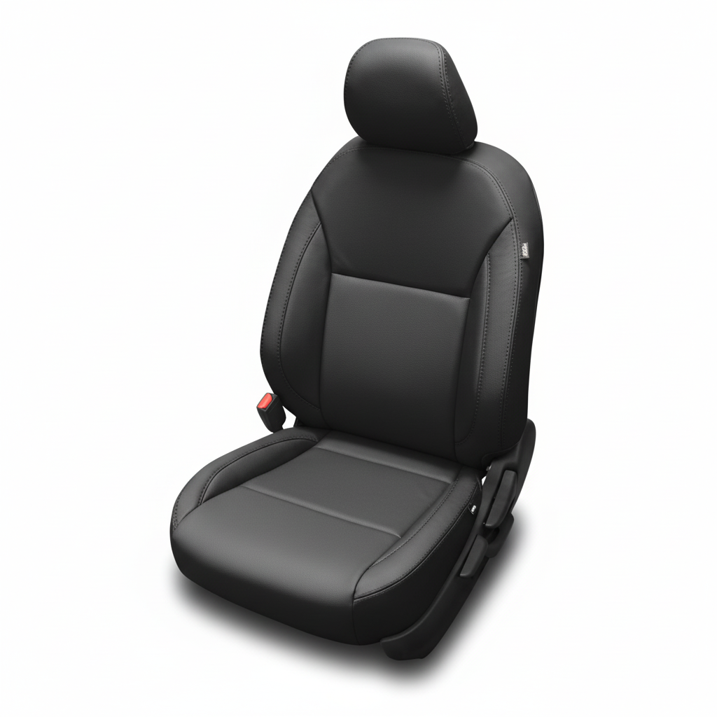 Black leather car seat with smooth panels on a white background.
