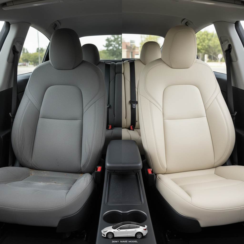 Before-and-after comparison of Tesla Model 3 front seats, showing original cloth seat upgraded to perforated leather upholstery.
