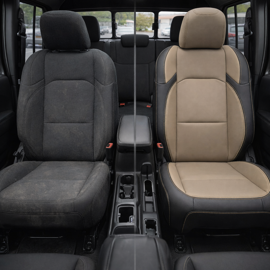 Split before-and-after front cabin view of a 2020–2026 Jeep Gladiator: left shows the original black cloth seat, right shows Leatherteck/Katzkin K17 (K2168-100) with black wrap, Dune center, Dune wings, and Dune contrast stitching.