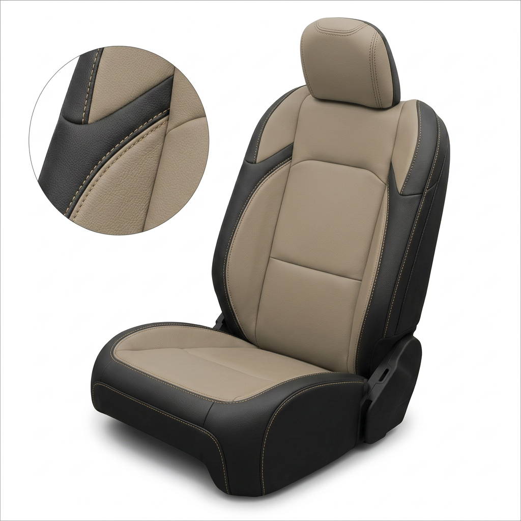 Close-up detail and full seat view of Leatherteck/Katzkin K17 (K2168-100) for a 2020–2026 Jeep Gladiator, showing black wrap with a Dune center, Dune wings, and Dune contrast stitching on a white background.