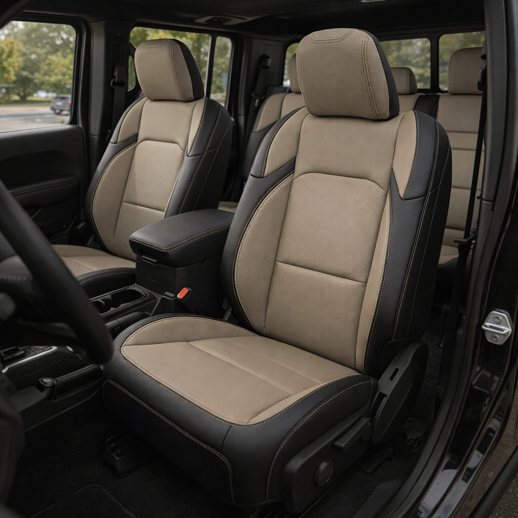 Front cabin view of a 2020–2026 Jeep Gladiator with Leatherteck/Katzkin K17 (K2168-100) installed, featuring black wrap seats with a Dune center, Dune wings, and Dune contrast stitching.