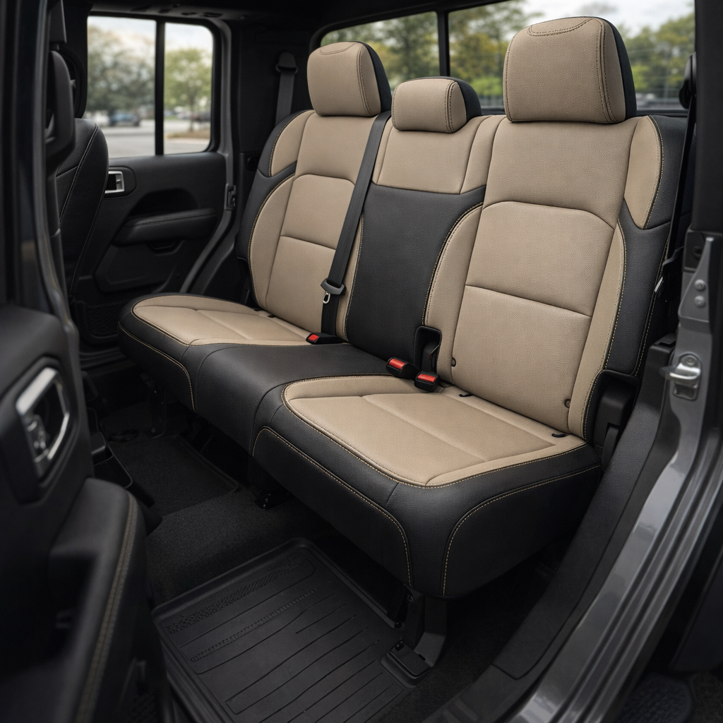 Rear cabin view of a 2020–2026 Jeep Gladiator with Leatherteck/Katzkin K17 (K2168-100) installed, showing the back bench in Dune with black wrap accents and Dune contrast stitching.