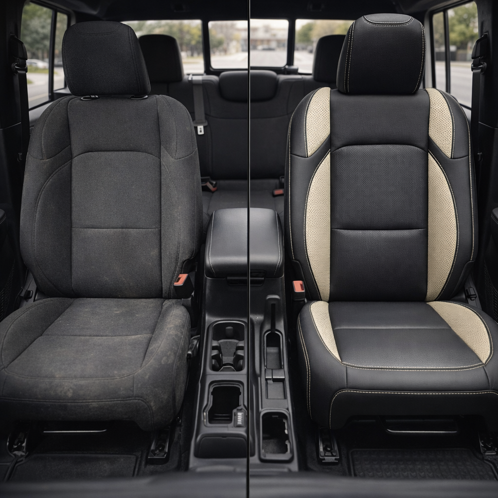 Before-and-after front in-cabin view of a 2020–2026 Jeep Gladiator split down the center: left shows the factory dark cloth front seat, while right shows the upgraded Leatherteck seat cover with a black main seat color, pearl white perforated accent panels on the bolsters, and pearl white contrast stitching throughout, with the center console and cupholders visible between the seats.