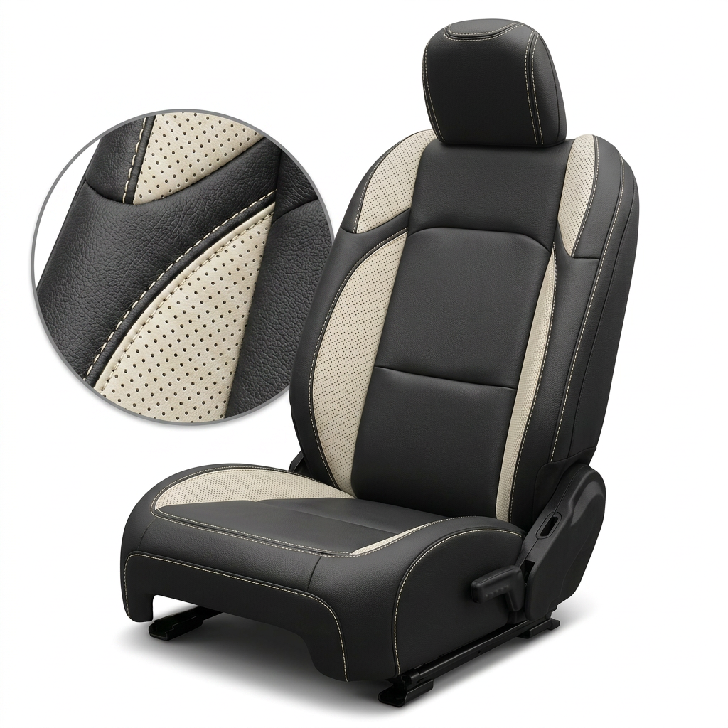 Close-up product image of a 2020–2026 Jeep Gladiator Leatherteck seat cover on a white background, featuring a black main seat color with pearl white perforated accent panels and pearl white contrast stitching throughout; a circular zoom inset highlights the perforation pattern, leather-grain texture, and stitched seam detail.