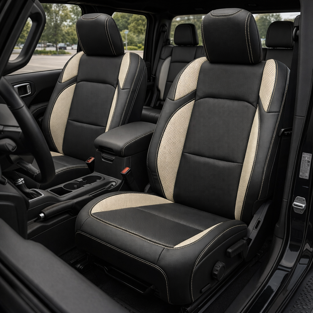 Front in-cabin view of a 2020–2026 Jeep Gladiator with Leatherteck seat covers installed, featuring a black main seat color with pearl white perforated accent panels on the bolsters and pearl white contrast stitching throughout, showing both front bucket seats, the center console with cupholders, and the rear seat in the background.
